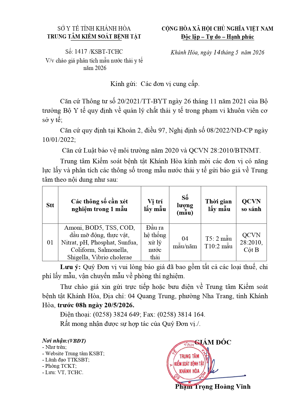 V/v chào giá phân tích mẫu nước thải y tế năm 2026